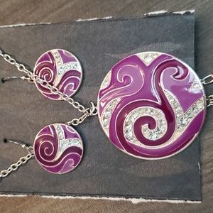 Purple and silver necklace and earring set